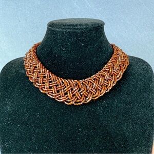 Vintage 1970s Braided Seed Bead Collar Necklace in Shimmery Amber Brown